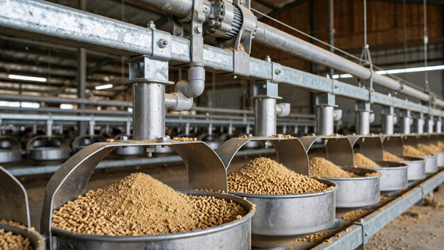  Close up of automated poultry feeding system inside large barn