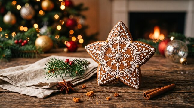 Estrela de p&atilde;o de mel decorada com glac&ecirc; branco em uma mesa de madeira r&uacute;stica com decora&ccedil;&otilde;es de Natal ao fundo