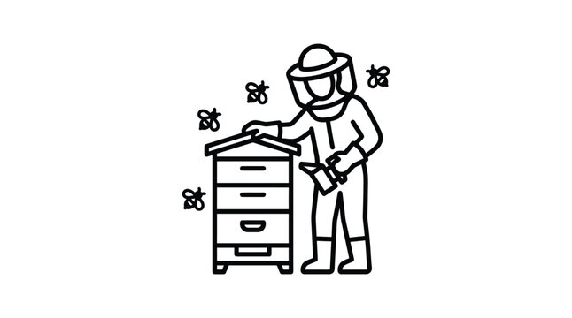 Beekeeper tending to a beehive black line drawing on white background