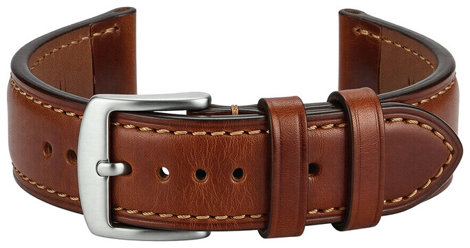 A brown leather watch strap with a silver buckle, strap is made of high-quality leather and has a smooth texture with detailed studio lighting, isolated product element on transparent background.