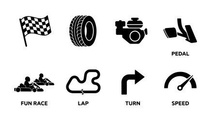 Obraz premium Go-karting racing vector icon set, kart race track elements, speed and competition symbols