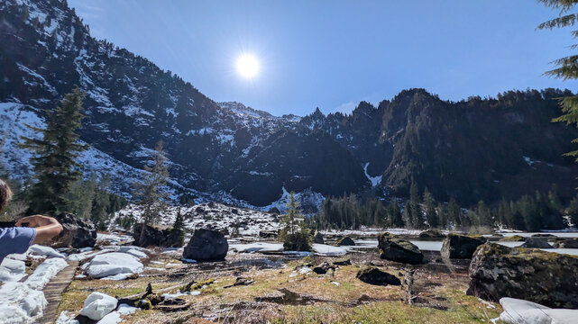 Winter Landscape at Heather Lake in Washington State with Snow Covered Mountains