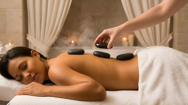 Relaxed woman lying on a massage table receiving a luxury hot stone treatment in a serene spa environment with soft lighting, blurred candles, and white towels for holistic wellness
