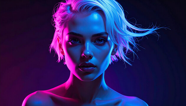 Neon pink and blue portrait of a woman with short hair