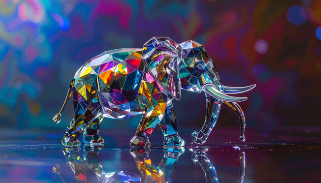 Crystal elephant sculpture with colorful reflections