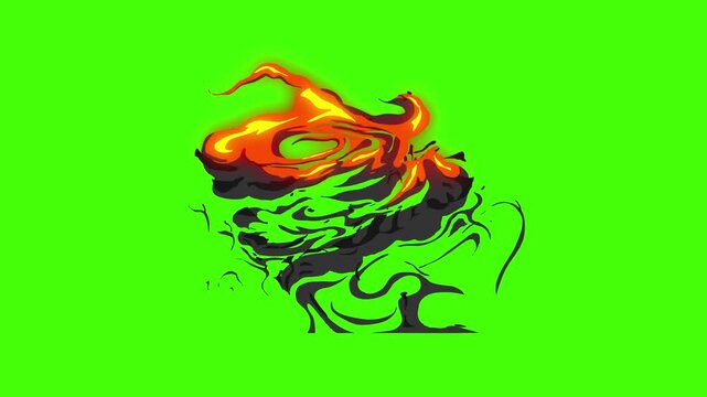 Stylized animated fire effect 4k Fire FX animation with orange, yellow, and red flames set against a bright green screen background a 2D chroma key Fire FX asset for VFX.