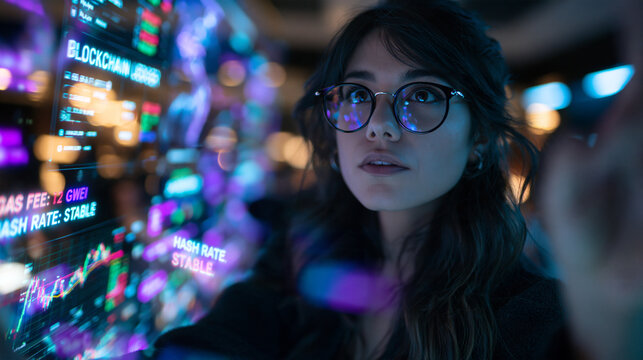 Young Woman Analyzing Blockchain and Cryptocurrency Data on Screen