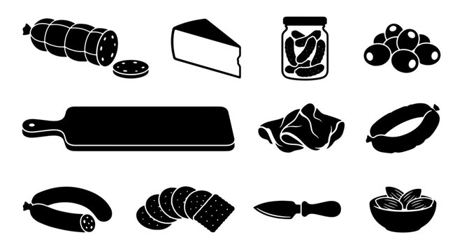 Charcuterie Board Icons: Salami, Cheese, Olives, Pickles, Knife & Cutting Board Vector Set