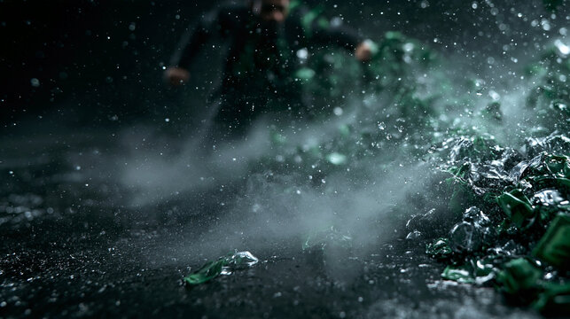 Shattered Glass and Debris Flying in Dark Cinematic Scene