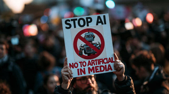 Protester Holding Anti Artificial Intelligence Sign in Street Demonstration