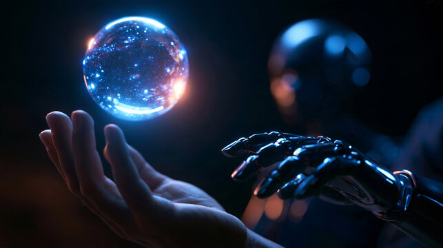 Human and Robot Hands Reaching for Glowing Digital Sphere