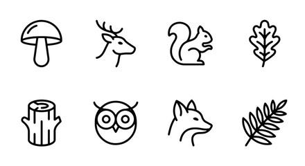 Fototapeta premium Forest Icons: Woodland Animals, Mushroom, Oak Leaf, Stump, Fern, Nature Elements