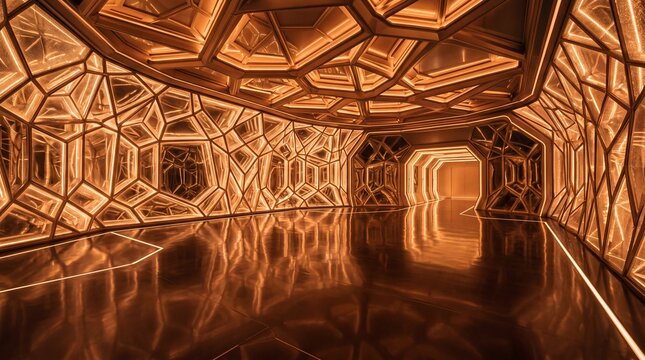 Futuristic Golden Corridor with Geometric Illuminated Wall Architecture