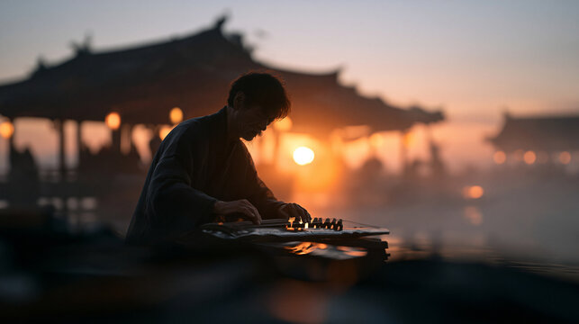 Musician Playing Traditional Asian Zither at Sunset