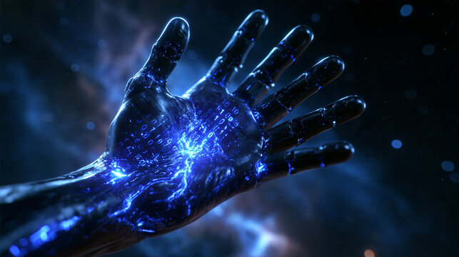 Futuristic Robotic Hand with Glowing Blue Binary Code