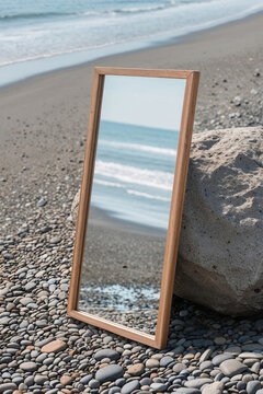 Minimalist wooden mirror stands on pebble beach