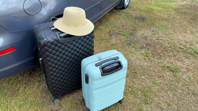 Two travel suitcases, one black and one light blue, placed on grass beside a parked car with a straw hat resting on top, ready for a family road trip
