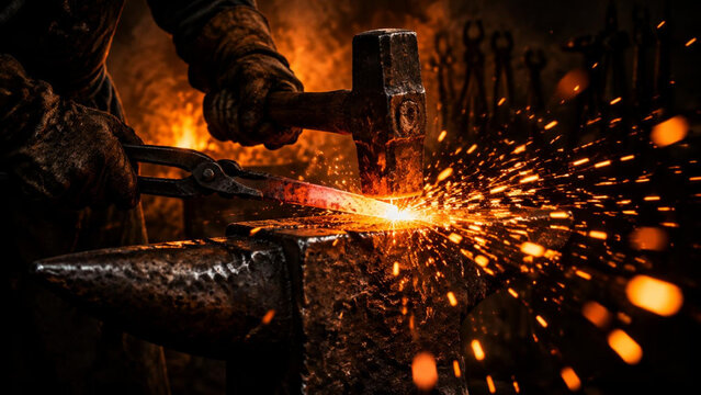 Blacksmith forging a glowing metal piece on an anvil with sparks flying in a dark workshop, showcasing traditional craftsmanship and intense heat