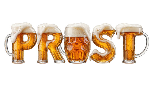 Prost spelled with beer mugs, mockup isolated on transparent background, Oktoberfest