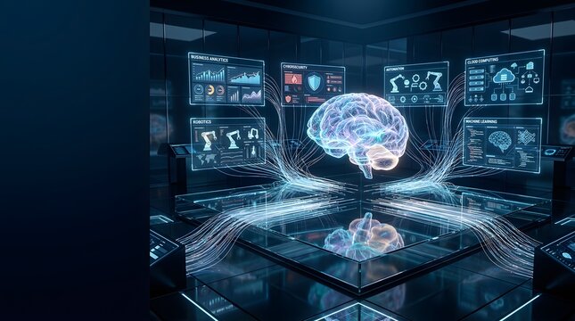 innovative computer technologies, Futuristic AI Brain in High-Tech Control Room, Glowing digital brain model in high-tech control room with data screens, artificial intelligence, ai, digital brain, 
