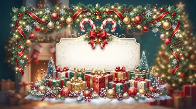 Festive christmas decorations with garland gifts and blank frame for holiday greetings or announcements