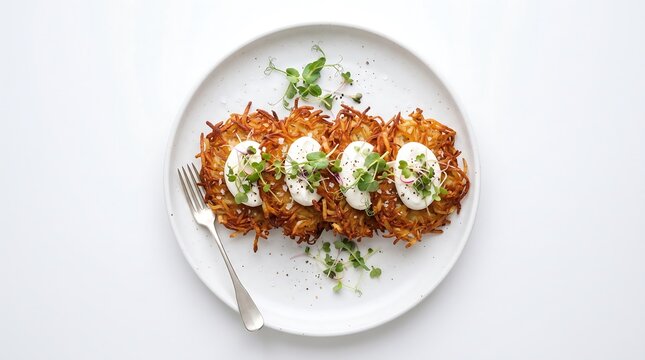 Modern Hanukkah potato latkes served with sour cream and greens