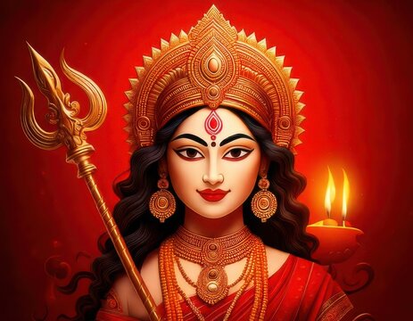 Hindu Goddess Durga with Trident and Diya against Radiant Red Background with Subtle Candle Glow