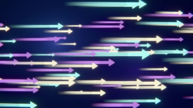 Colorful glowing neon arrows moving fast horizontally across a digital screen background, 3d rendering, Seamless