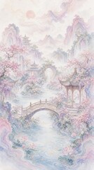 Fototapeta premium Pastel fantasy landscape wallpaper with blooming gardens for mobile phone