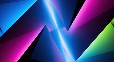 Fototapeta premium sharp angular geometric surfaces illuminated by neon blue pink purple and green light on dark background