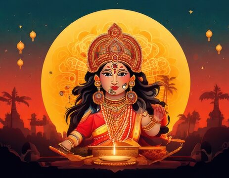 Hindu Goddess Lakshmi seated with glowing lamp against a large full moon and palm trees during twilight festival