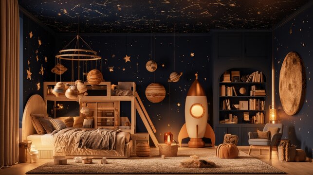 This childrens bedroom features a rocket ship loft bed and a dark navy ceiling with glowing stars. Warm light and planet mobiles enhance the design.