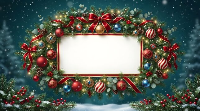 Festive christmas wreath with ornaments and red ribbon on a winter background