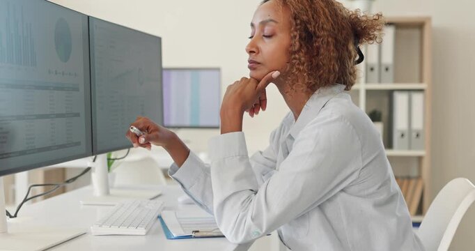 Businesswoman analyst reviewing financial charts on monitor. She reviews dashboard data for reports, budgets, strategy, and planning. Data driven leadership guides business decisions.