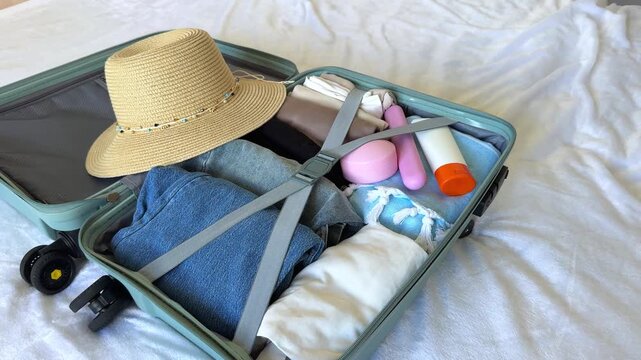 Packing a suitcase with summer clothing, a straw hat, and travel essentials for a vacation, showcasing organized items ready for travel