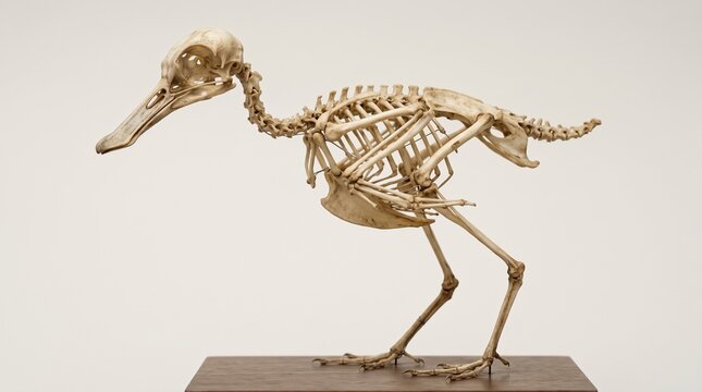 Spoon billed sandpiper skeleton mounted on a wooden base shows detailed anatomical structure of an avian skull and wing bones.