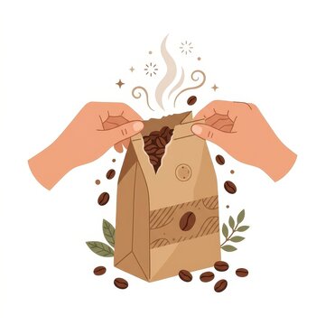 Hands opening fresh coffee beans bag