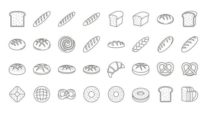 Minimalist bread line icons set, 32 bakery product vector elements, outline illustrations of baguette croissant and pretzel for cafe menu design