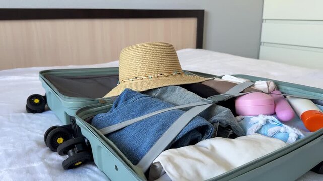 Luggage packed with summer clothing, a straw hat, and travel essentials on a bed, showcasing the preparation for a vacation getaway