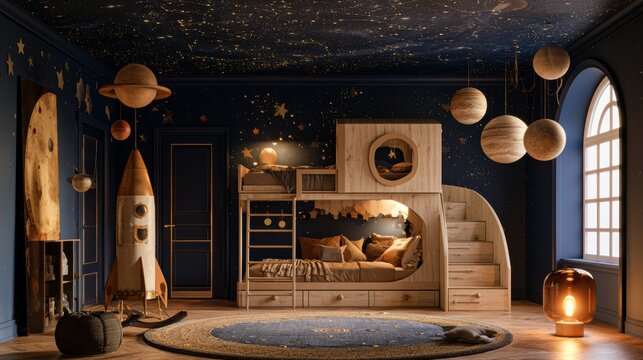 This room features a rocket ship loft bed, a dark navy ceiling with star patterns, and planet mobiles. Warm amber light adds comfort.