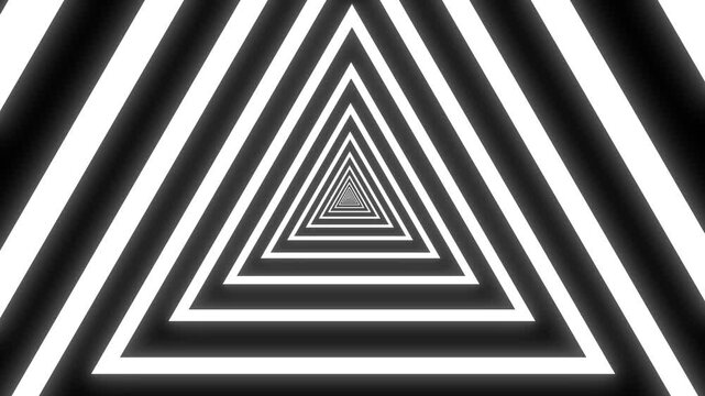 Triangle tunnel motion background, pulsing geometric light animation with glowing white triangle tunnel animation on black screen, 4K Abstract pentagon tunnel seamless loop