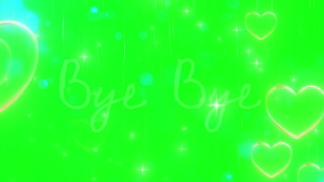 Handwritten 'Bye Bye' farewell text with animated sparkles and palm leaves on vibrant green background
