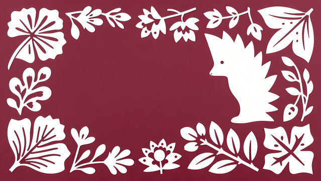 A hedgehog stands in the center of a floral design. The background is maroon and the flowers and leaves are white. This design shows nature and animals in art Generative AI