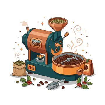 Coffee roasting machine and beans vector illustration