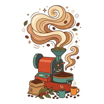 Coffee roasting machine with beans and steam