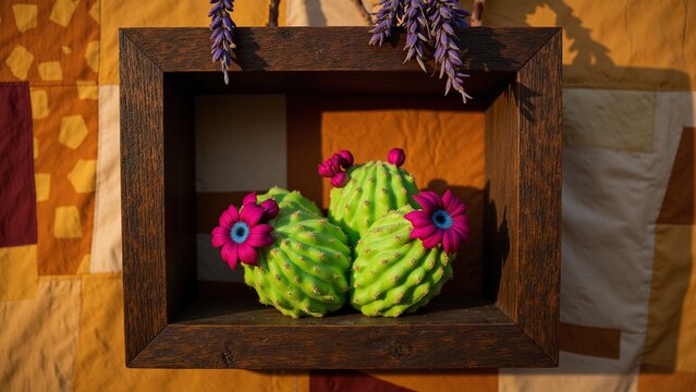 Rustic Wooden Frame Cactus Art