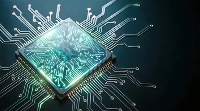 Computer microprocessor glowing blue on dark circuit boards for artificial intelligence commercials