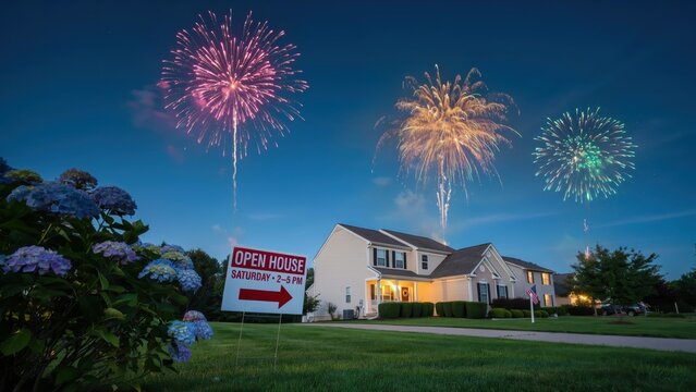 Open house sign displayed on lawn during colorful night fireworks show