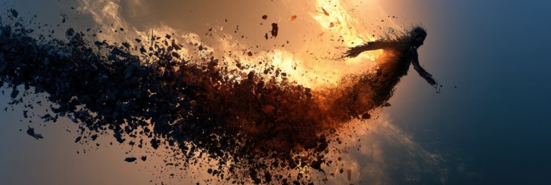 An abstract figure lets go of heavy dark elements and ascends into warm amber light while cool dark fragments fall away.
