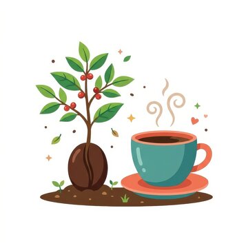 Coffee plant and cup of hot coffee on white background